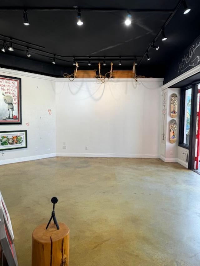 Empty fine art gallery interior with white walls, black ceiling, and track lighting ready for an exhibit