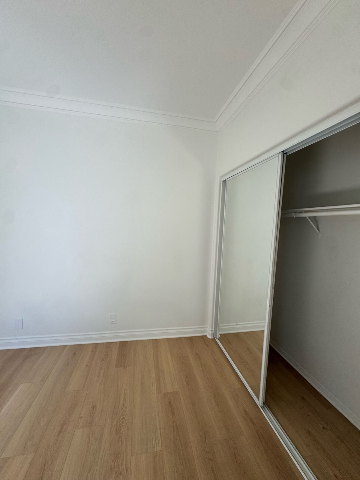 Room with new light wood plank flooring, white painted walls, and mirrored closet doors