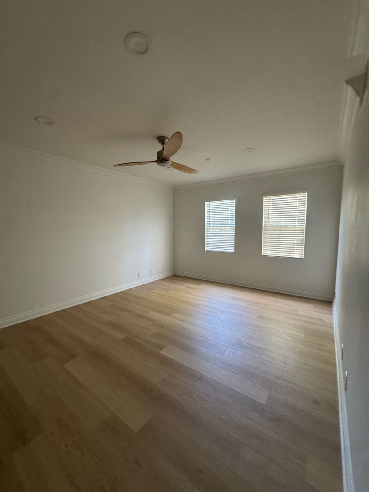 Large room with new plank flooring, white painted walls and ceiling, and a ceiling fan