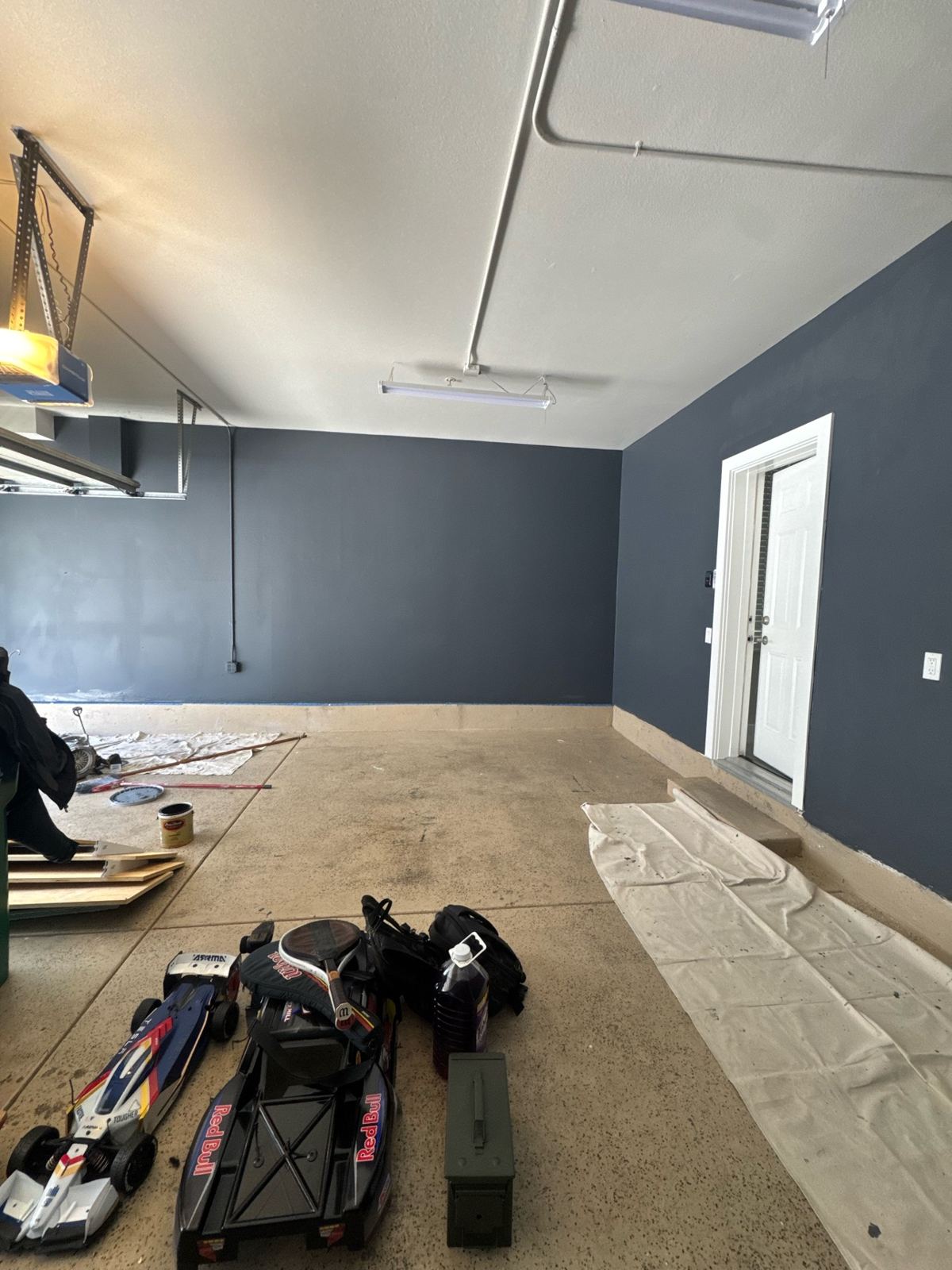 Finished garage with deep slate-blue painted walls and a white painted entry door and trim